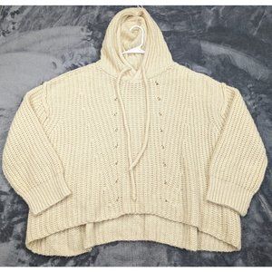 POL Sweater Womens Large Hooded Oversized Chunky Knit Boho Boxy Crop Soft Cream